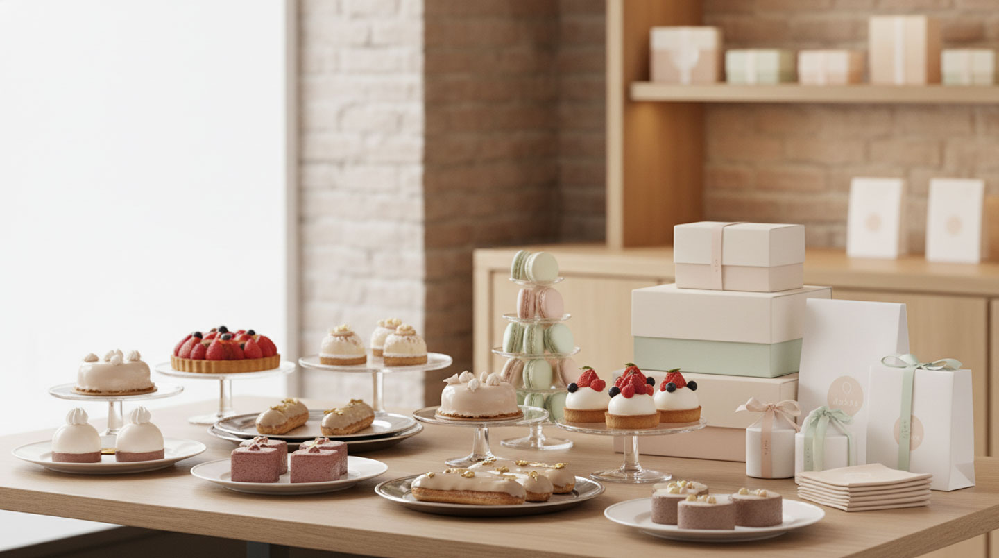 Table de présentation avec assortiment de desserts élégamment dressés sur différents types de supports et contenants dans un environnement contemporain lumineux, sans personne visible