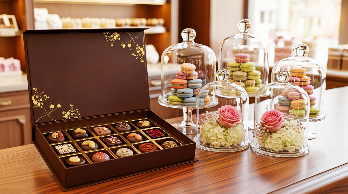 Vue d'ensemble d'une vitrine de pâtisserie française contemporaine présentant des produits emballés dans différents contenants professionnels sous une lumière naturelle