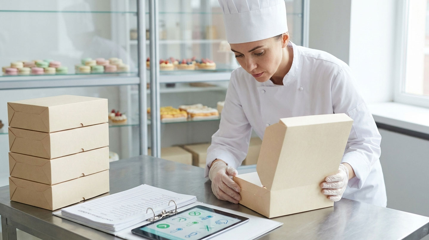 Gros plan sur une variété d'emballages pour pâtisserie disposés sur une surface blanche moderne, montrant les textures du papier kraft, du carton et du parchemin