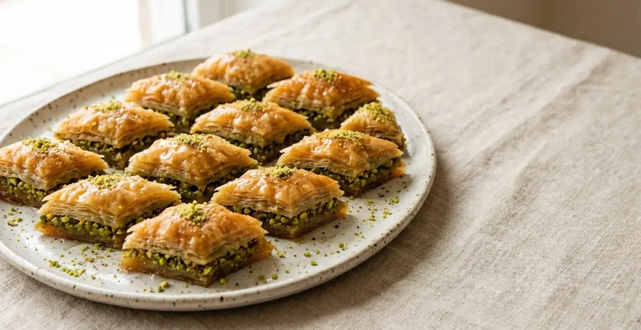 Baklava libanais aux pistaches avec multiples couches de pâte filo dorée et garniture de pistaches vertes concassées