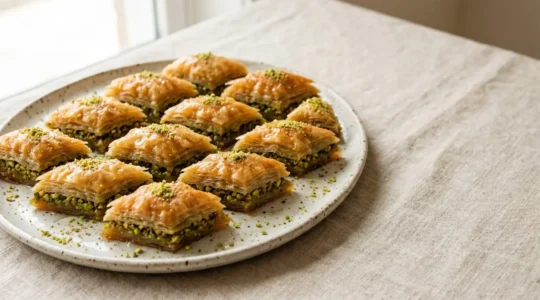 Baklava libanais aux pistaches avec multiples couches de pâte filo dorée et garniture de pistaches vertes concassées