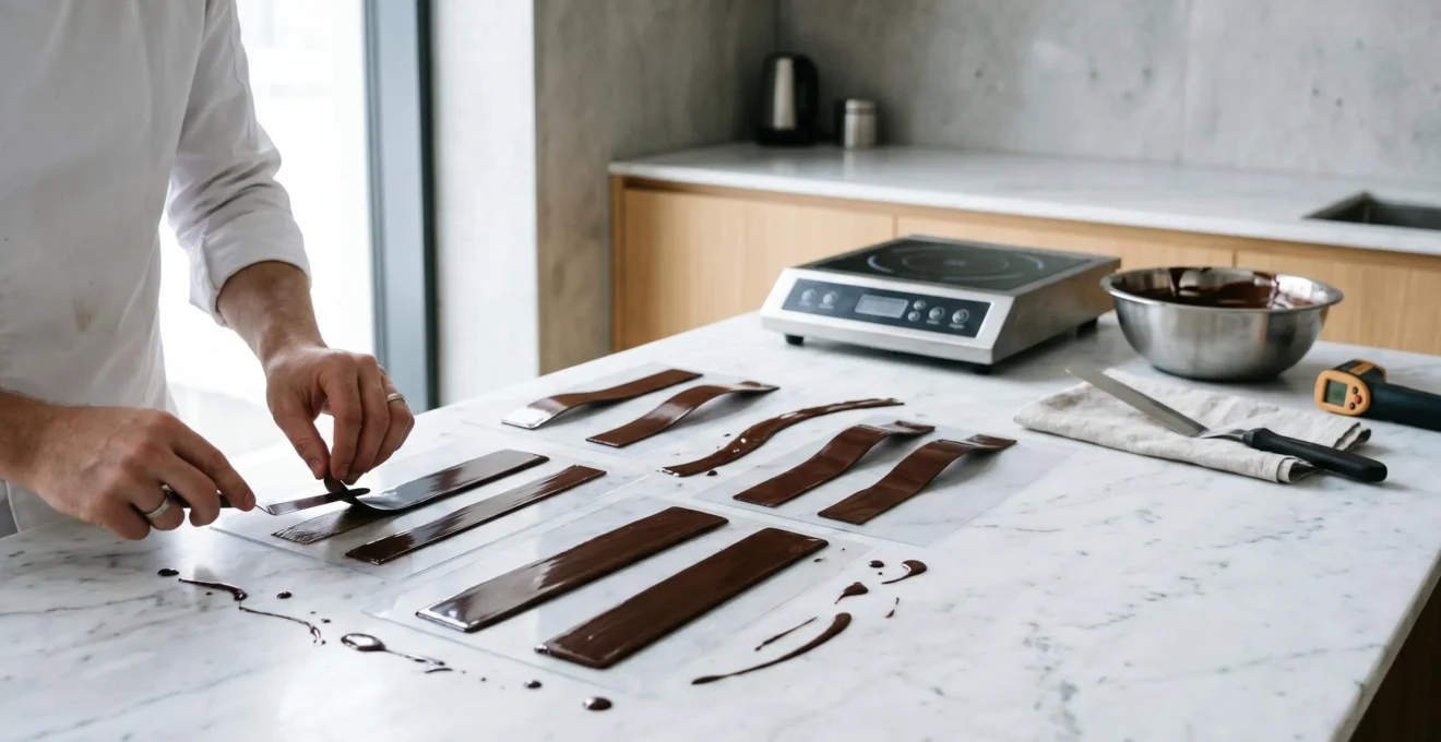 Préparation de bandes de chocolat brillantes sur feuilles rhodoïd pour décors pâtissiers professionnels