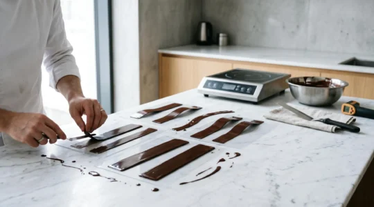 Préparation de bandes de chocolat brillantes sur feuilles rhodoïd pour décors pâtissiers professionnels