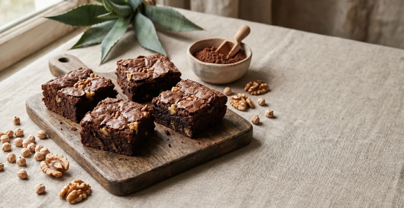 Brownies au chocolat noir à index glycémique bas sur une planche en bois avec des noix et du cacao