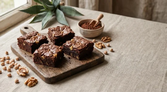 Brownies au chocolat noir à index glycémique bas sur une planche en bois avec des noix et du cacao