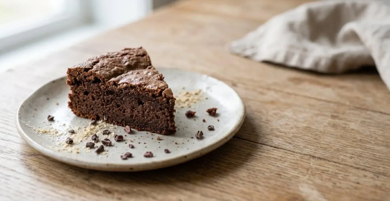 Brownie moelleux à index glycémique bas réalisé avec de la farine de pois chiche et du sirop d'agave, servi sur une assiette avec du cacao en poudre