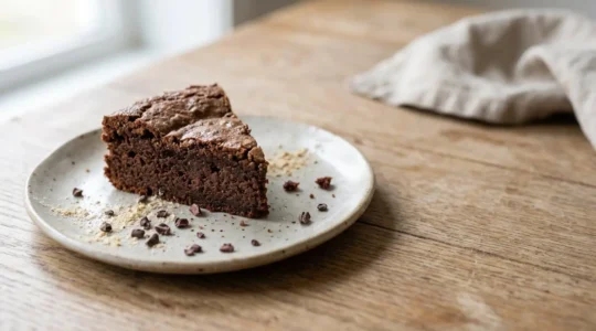Brownie moelleux à index glycémique bas réalisé avec de la farine de pois chiche et du sirop d'agave, servi sur une assiette avec du cacao en poudre