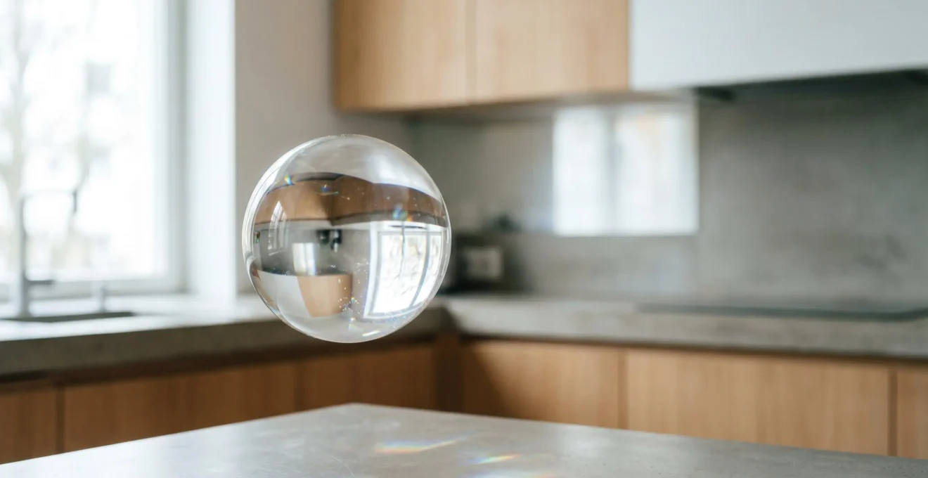 Bulle de sucre parfaitement sphérique et transparente en suspension avec des reflets cristallins