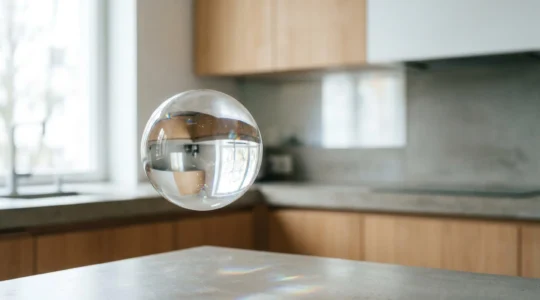 Bulle de sucre parfaitement sphérique et transparente en suspension avec des reflets cristallins