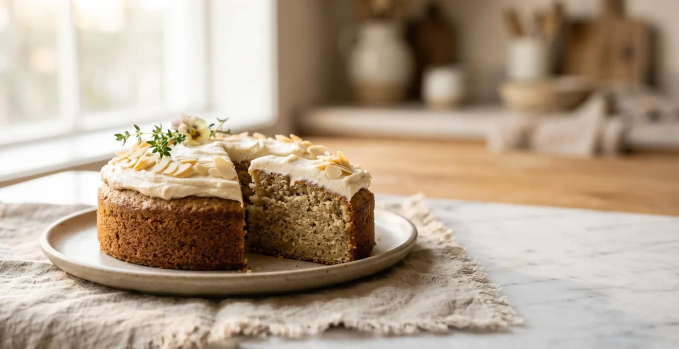 Tranches d'un cake sans gluten moelleux et frais sur une surface claire