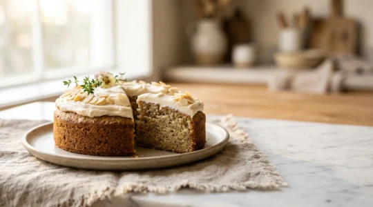 Tranches d'un cake sans gluten moelleux et frais sur une surface claire