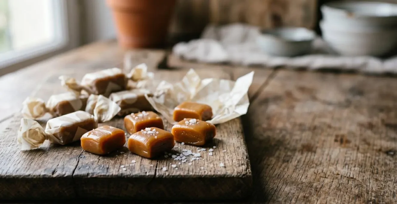 Caramels mous au beurre salé disposés sur une surface rustique avec du sel de Guérande