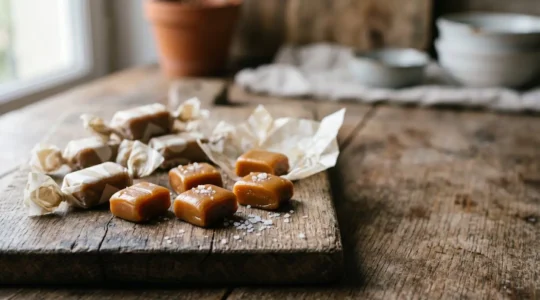 Caramels mous au beurre salé disposés sur une surface rustique avec du sel de Guérande