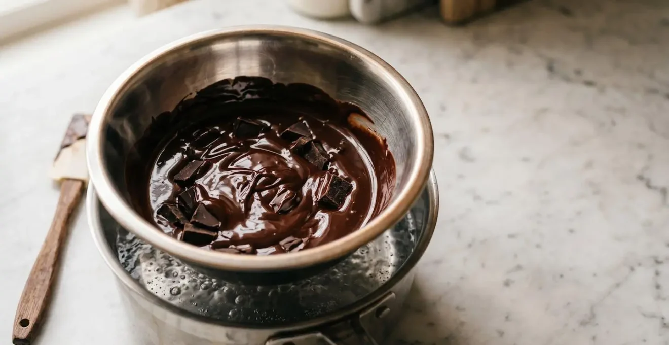 Chocolat noir fondant doucement dans un bol en inox posé au-dessus d'une casserole d'eau frémissante