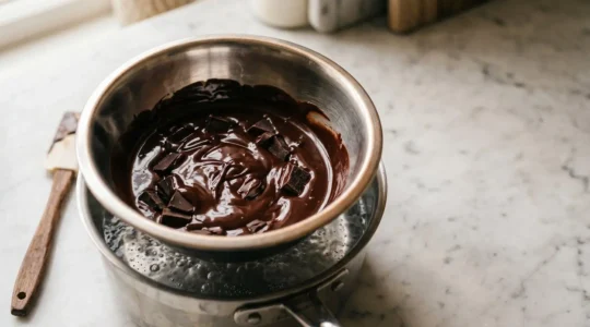 Chocolat noir fondant doucement dans un bol en inox posé au-dessus d'une casserole d'eau frémissante
