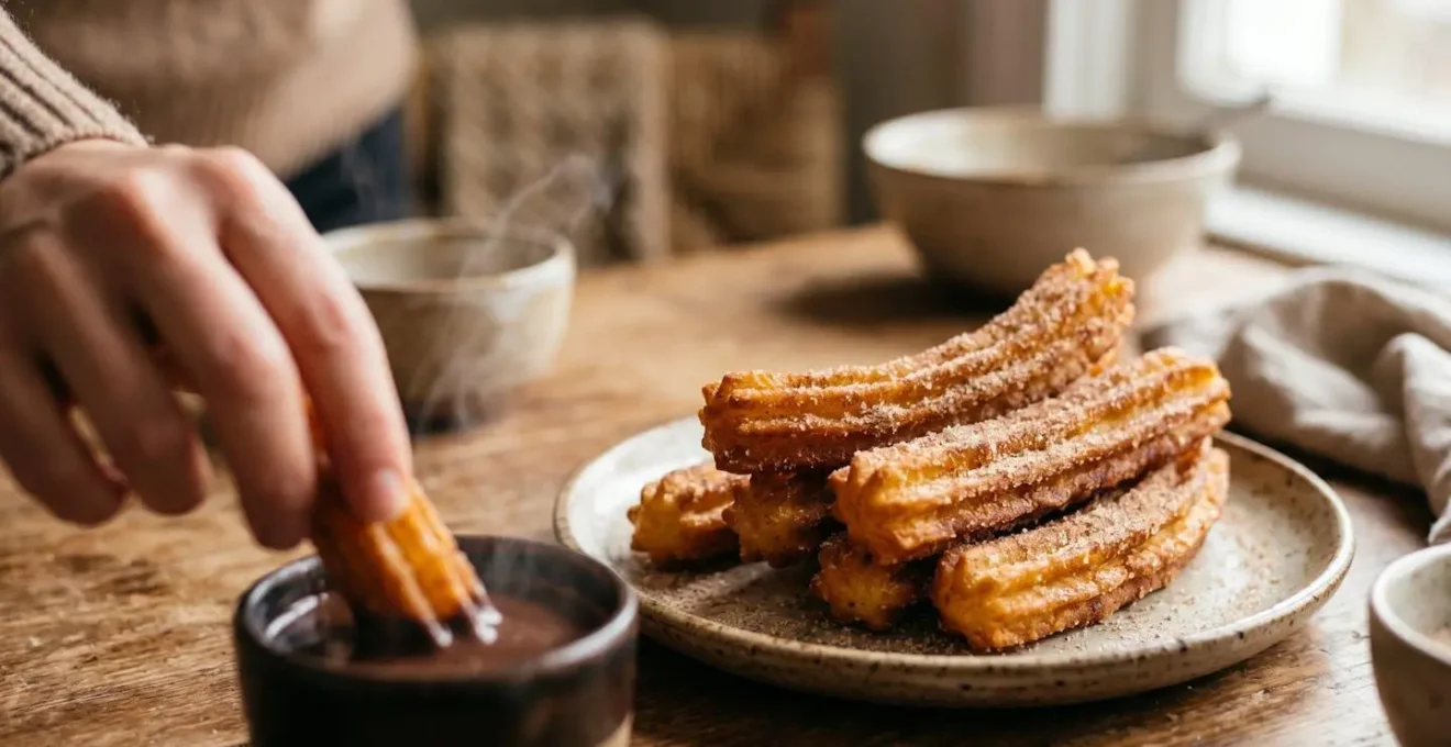 Churros espagnols dorés et croustillants servis avec chocolat chaud épais dans une ambiance chaleureuse