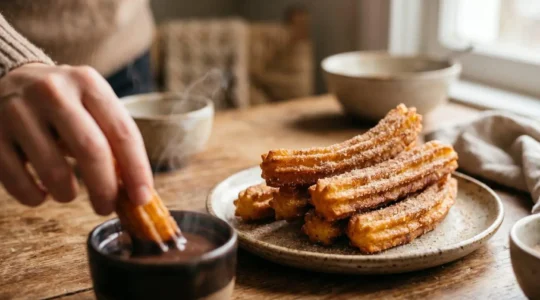 Churros espagnols dorés et croustillants servis avec chocolat chaud épais dans une ambiance chaleureuse