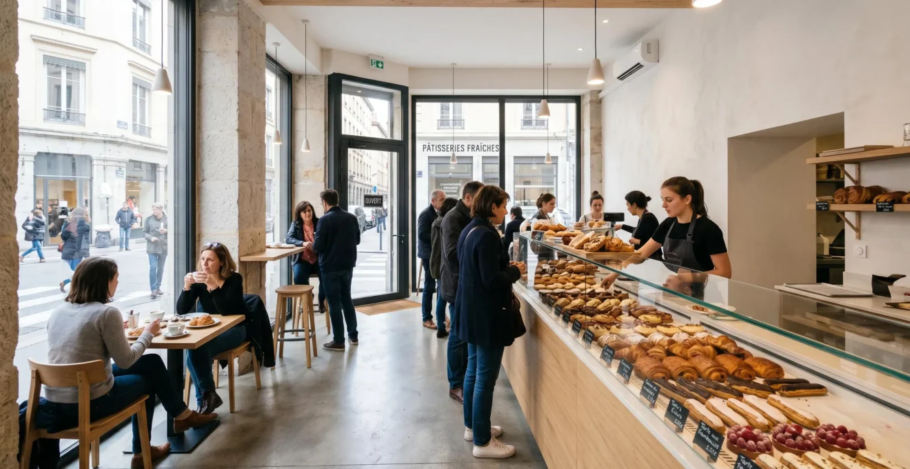 Intérieur lumineux d'une pâtisserie contemporaine avec comptoir en bois clair et présentoirs élégants