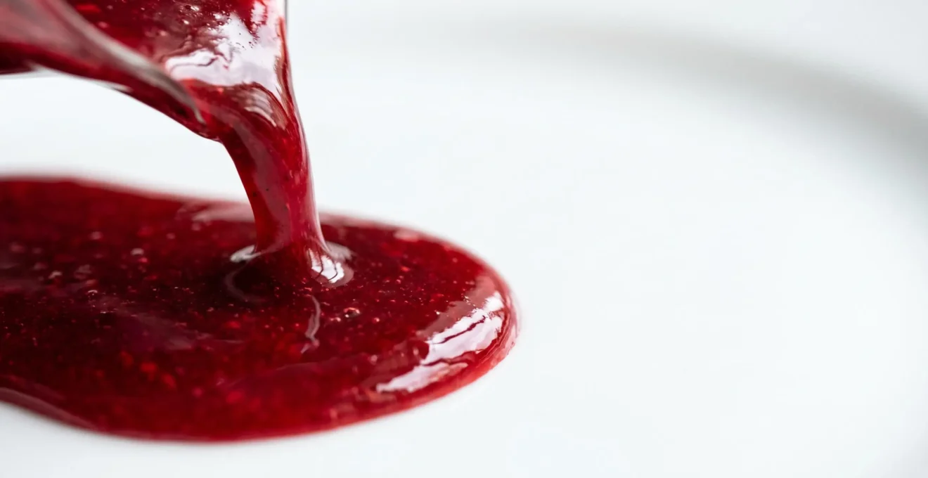 Coulis de fruits rouges fluide et brillant coulant en filet sur une surface blanche