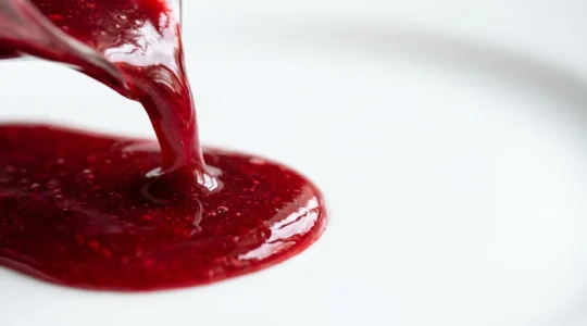 Coulis de fruits rouges fluide et brillant coulant en filet sur une surface blanche