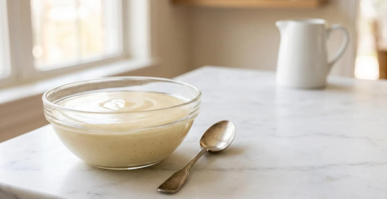 Crème pâtissière ultra-lisse et onctueuse dans un récipient en verre, texture miroir parfaite
