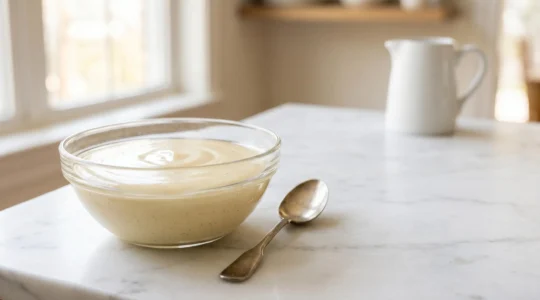 Crème pâtissière ultra-lisse et onctueuse dans un récipient en verre, texture miroir parfaite