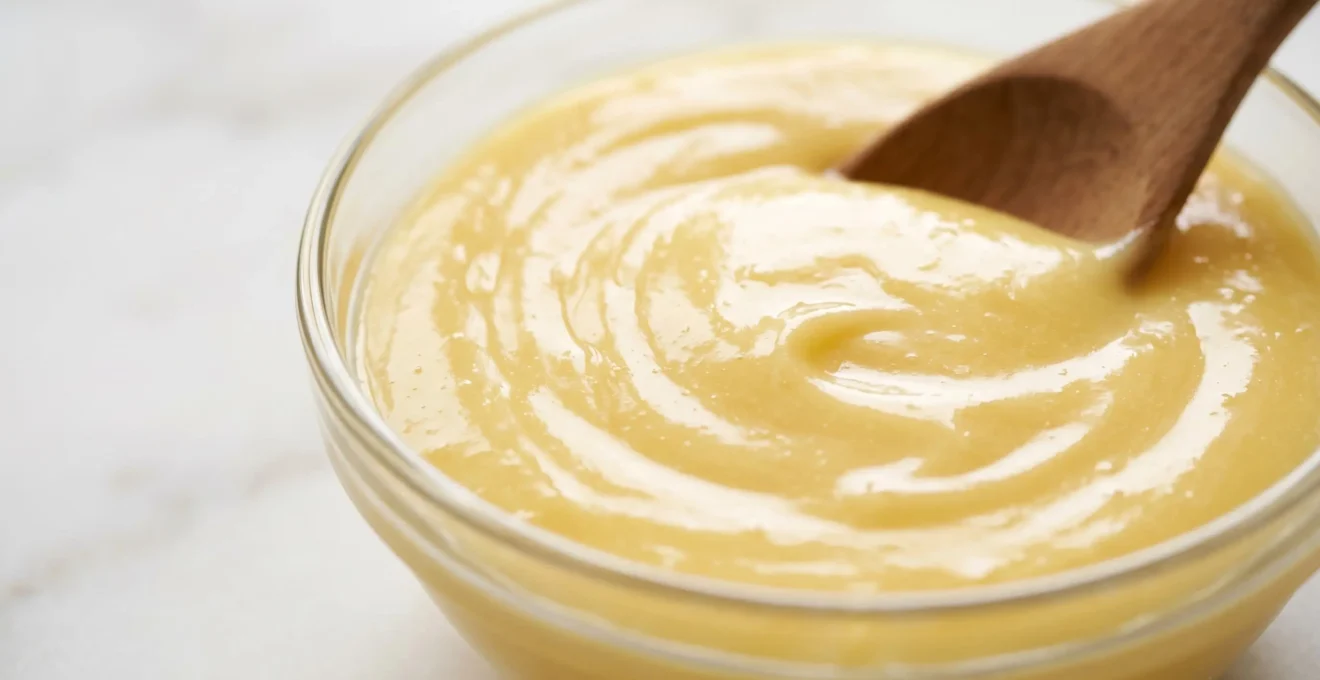 Crémeux au citron d'une texture parfaitement lisse et brillante dans un récipient de pâtisserie