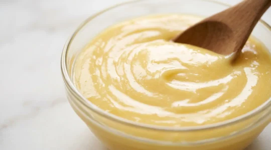 Crémeux au citron d'une texture parfaitement lisse et brillante dans un récipient de pâtisserie