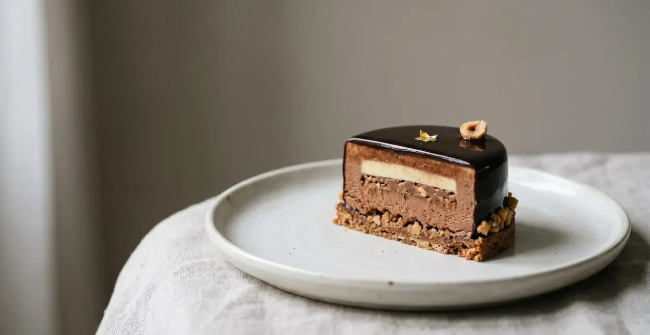 Gros plan artistique d'un dessert sophistiqué multicouche présenté sur une surface épurée