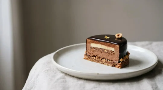Gros plan artistique d'un dessert sophistiqué multicouche présenté sur une surface épurée