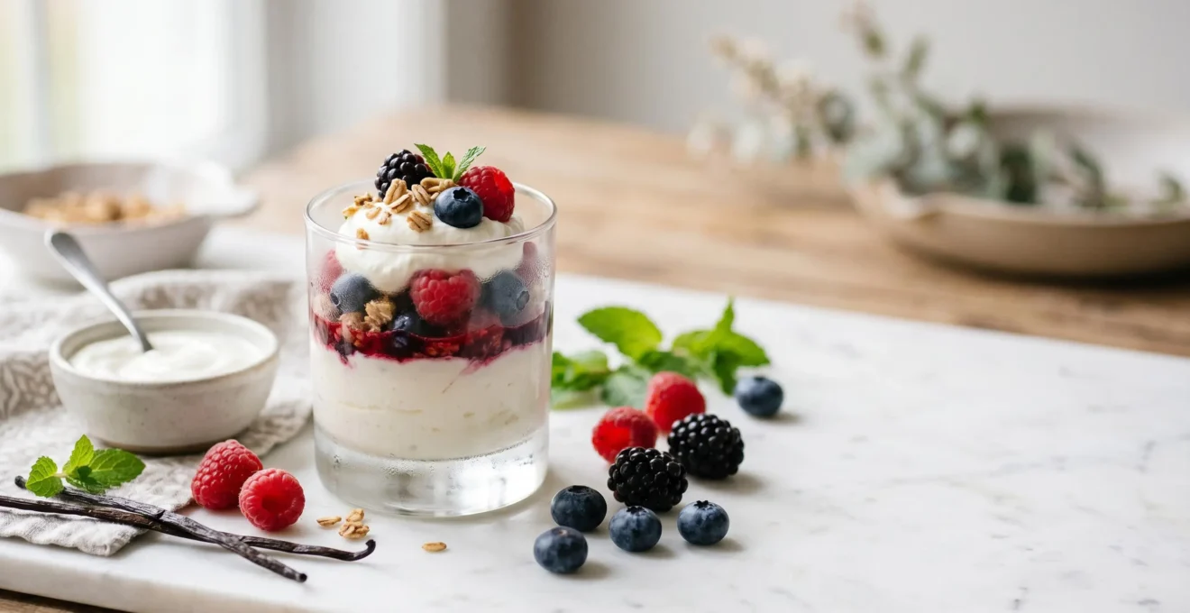Dessert léger et équilibré présenté dans une mise en scène élégante et naturelle