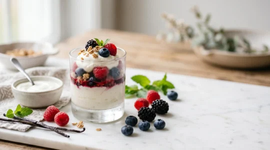 Dessert léger et équilibré présenté dans une mise en scène élégante et naturelle