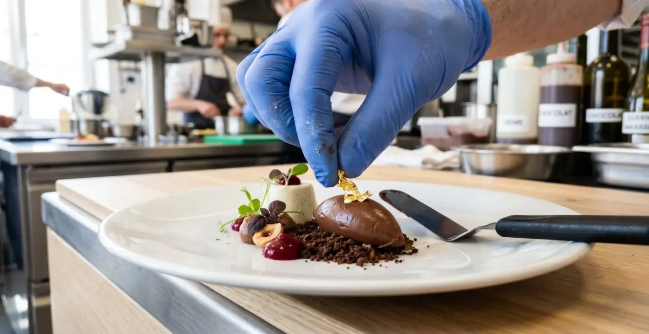 Gros plan sur une main gantée déposant délicatement un élément décoratif sur un dessert dressé, avec spatule et assiette blanche partiellement visible en arrière-plan flouté