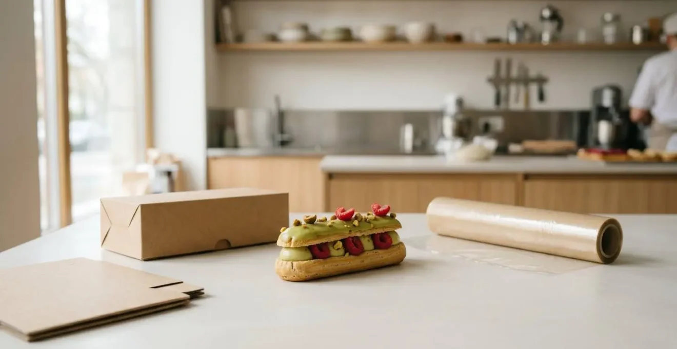 Emballage alimentaire moderne protégeant des pâtisseries françaises selon normes sanitaires