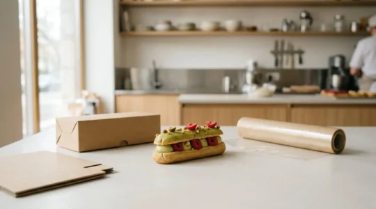 Emballage alimentaire moderne protégeant des pâtisseries françaises selon normes sanitaires