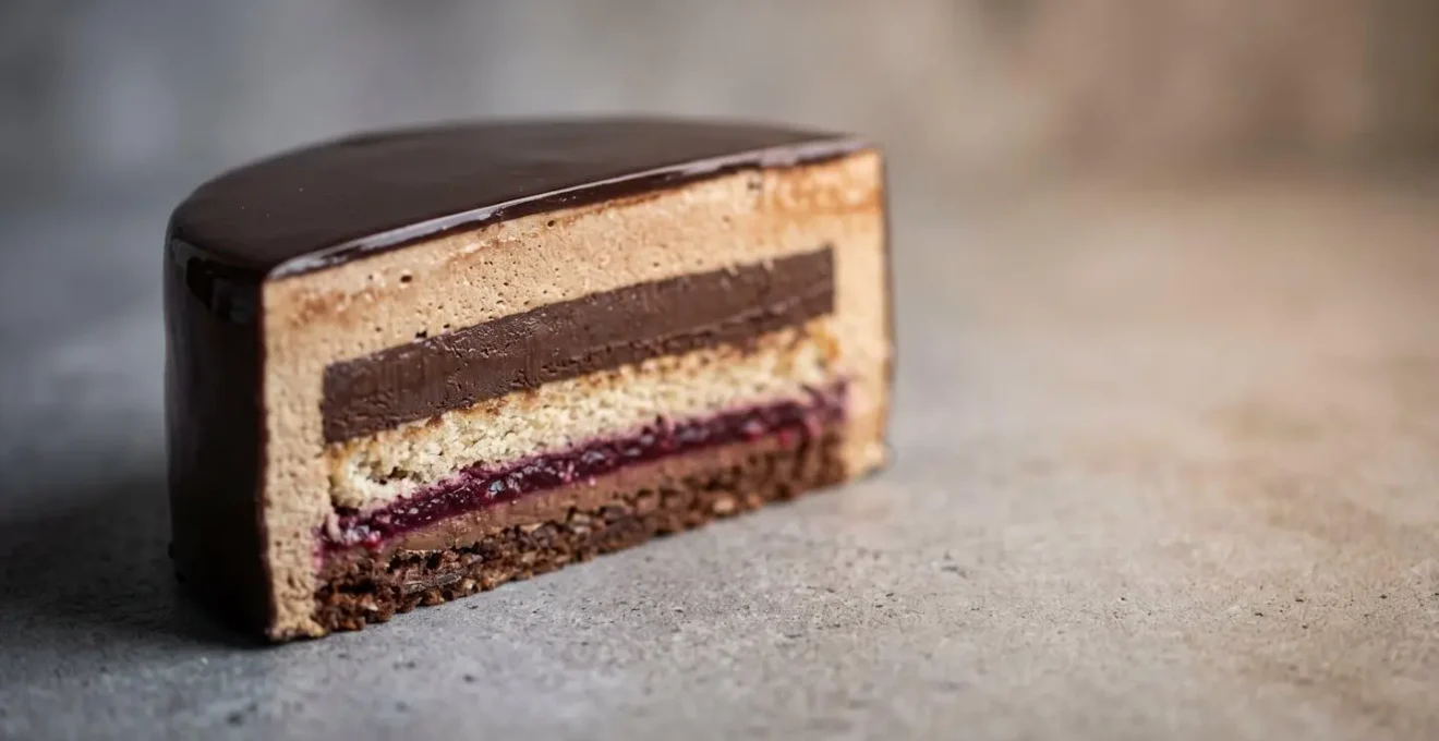Entremet à six couches en coupe transversale révélant une structure harmonieuse et une tranche nette
