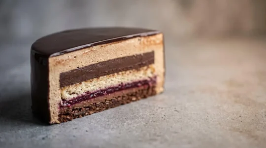Entremet à six couches en coupe transversale révélant une structure harmonieuse et une tranche nette