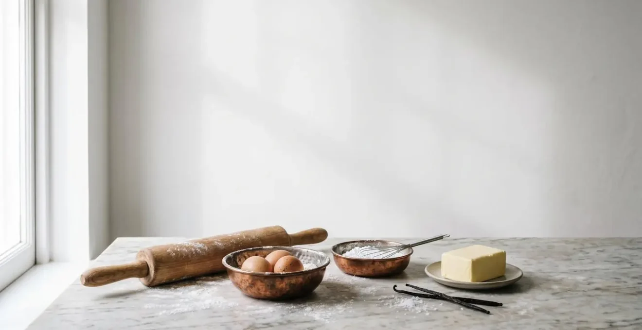 Vue d'ensemble d'une cuisine de pâtisserie avec ingrédients et ustensiles organisés pour la réussite