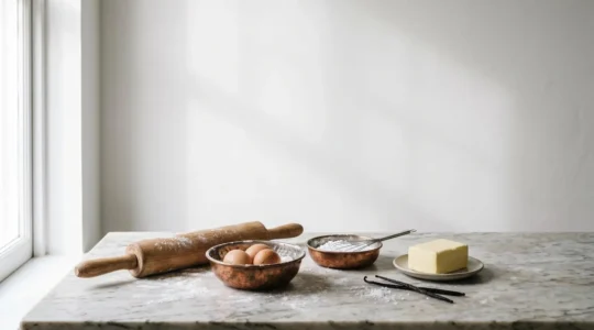 Vue d'ensemble d'une cuisine de pâtisserie avec ingrédients et ustensiles organisés pour la réussite