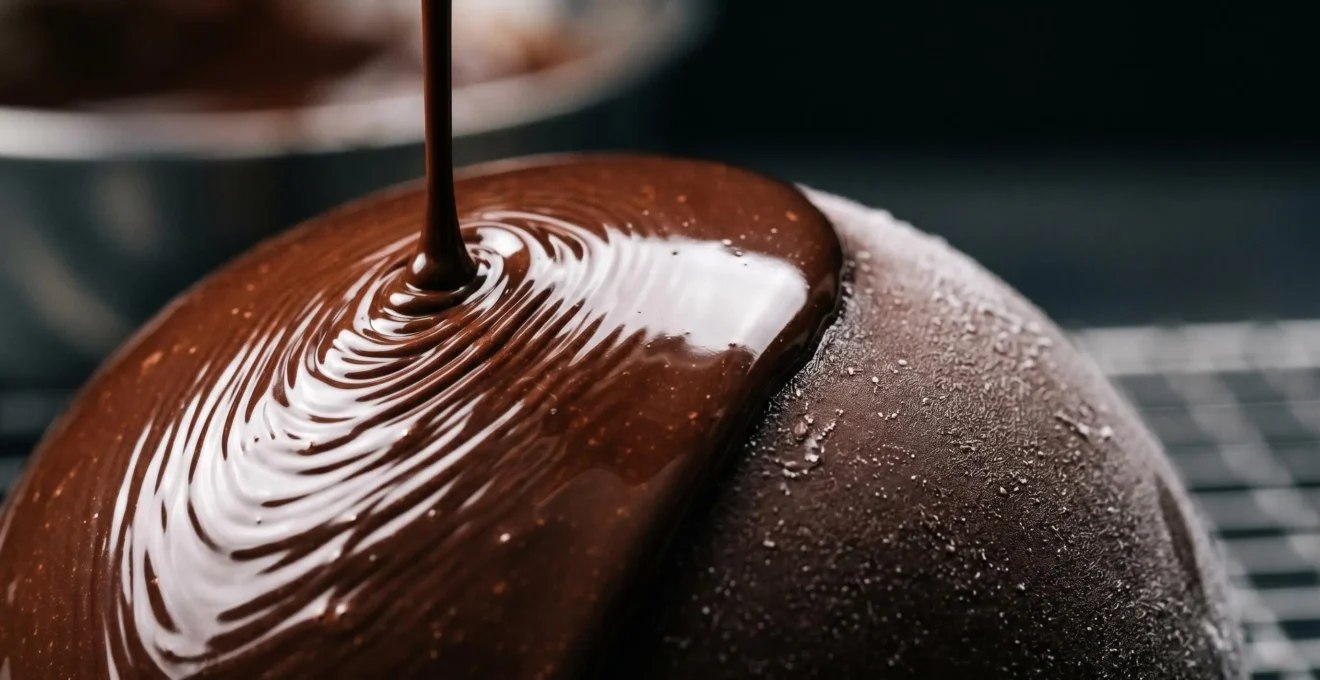 Entremets au chocolat recouvert d'un glaçage miroir parfaitement lisse et brillant, surface réfléchissante impeccable