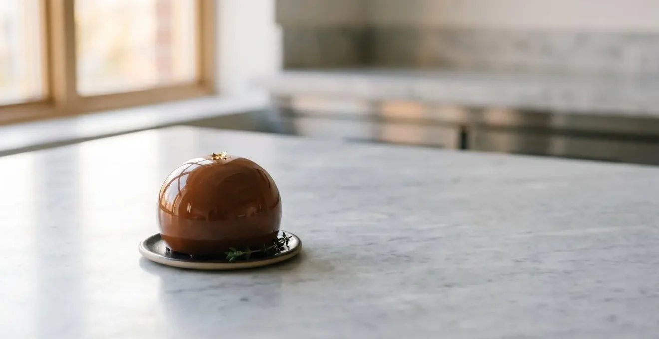 Entremets pâtissier recouvert d'un glaçage miroir ultra brillant reflétant la lumière naturelle