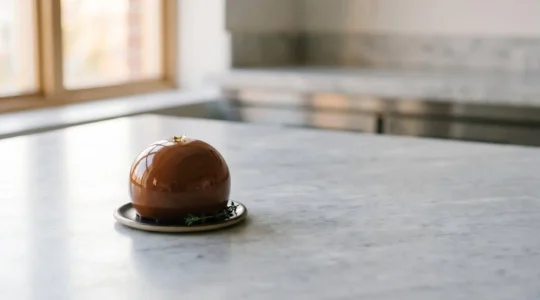 Entremets pâtissier recouvert d'un glaçage miroir ultra brillant reflétant la lumière naturelle