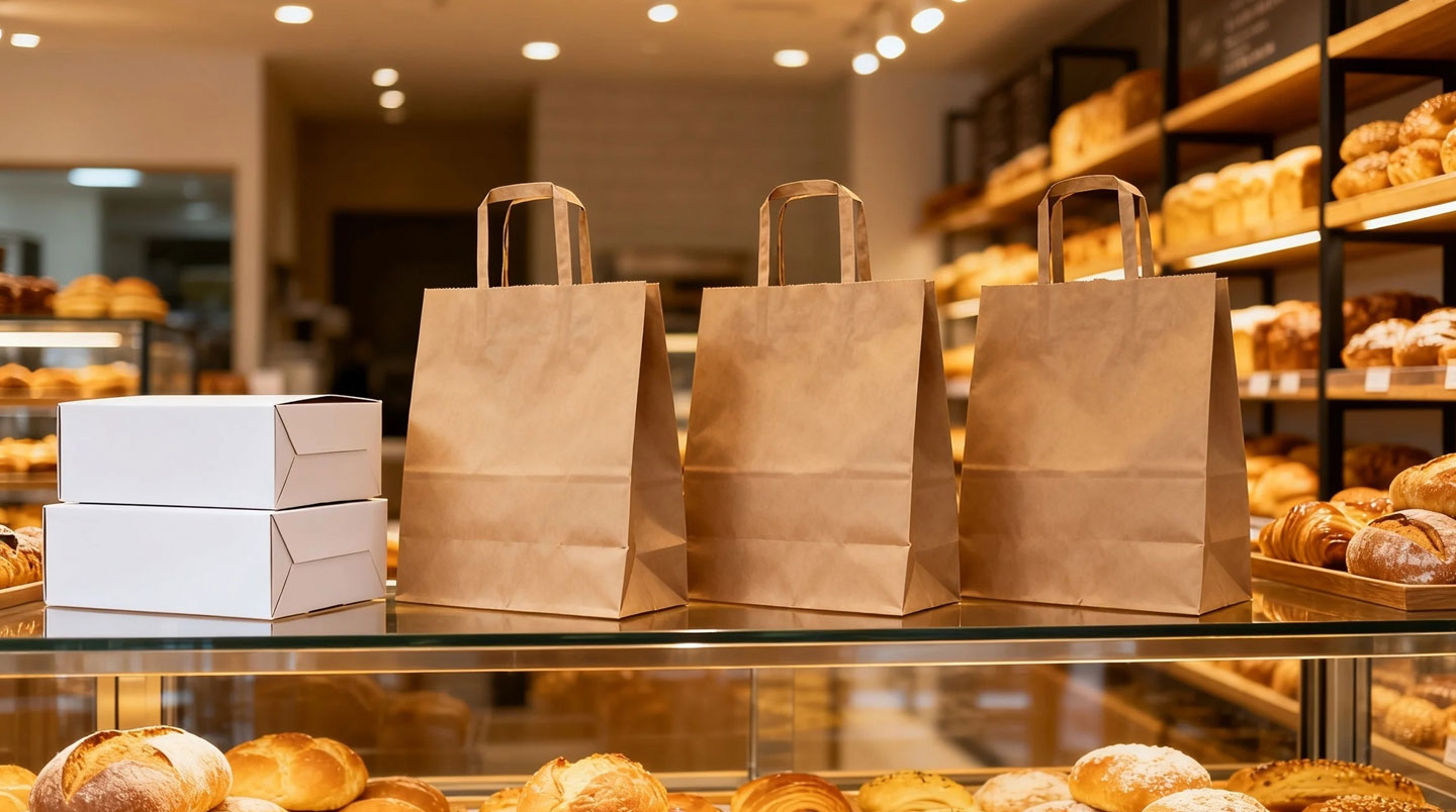 Mains d'un pâtissier professionnel plaçant délicatement des macarons colorés dans un sac en papier kraft sur un plan de travail moderne