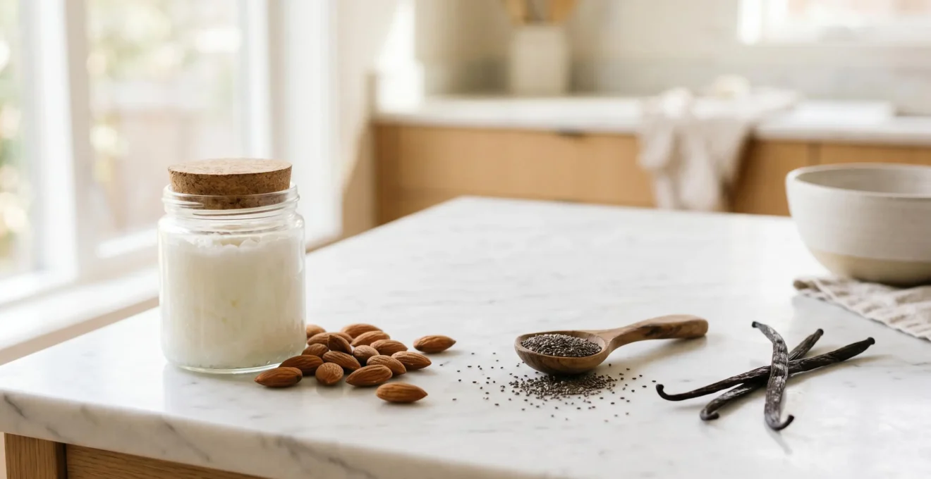 Huile de coco solidifiée dans un bocal en verre avec des ingrédients de pâtisserie végétale disposés naturellement sur un plan de travail
