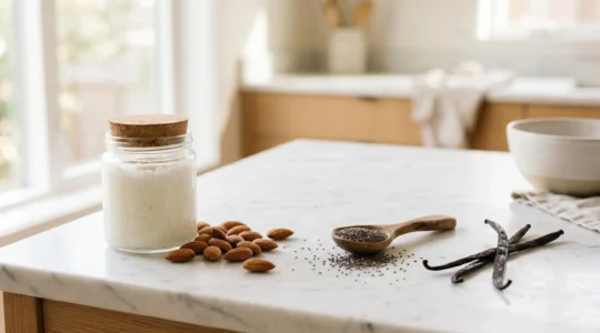 Huile de coco solidifiée dans un bocal en verre avec des ingrédients de pâtisserie végétale disposés naturellement sur un plan de travail