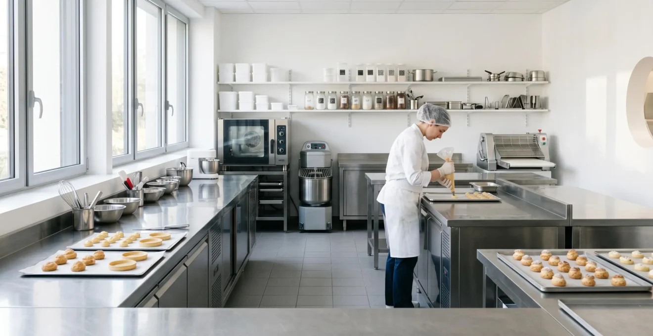 Vue d'ensemble d'un laboratoire de pâtisserie professionnel aux normes d'hygiène strictes avec surfaces immaculées