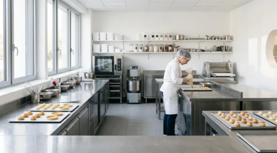 Vue d'ensemble d'un laboratoire de pâtisserie professionnel aux normes d'hygiène strictes avec surfaces immaculées