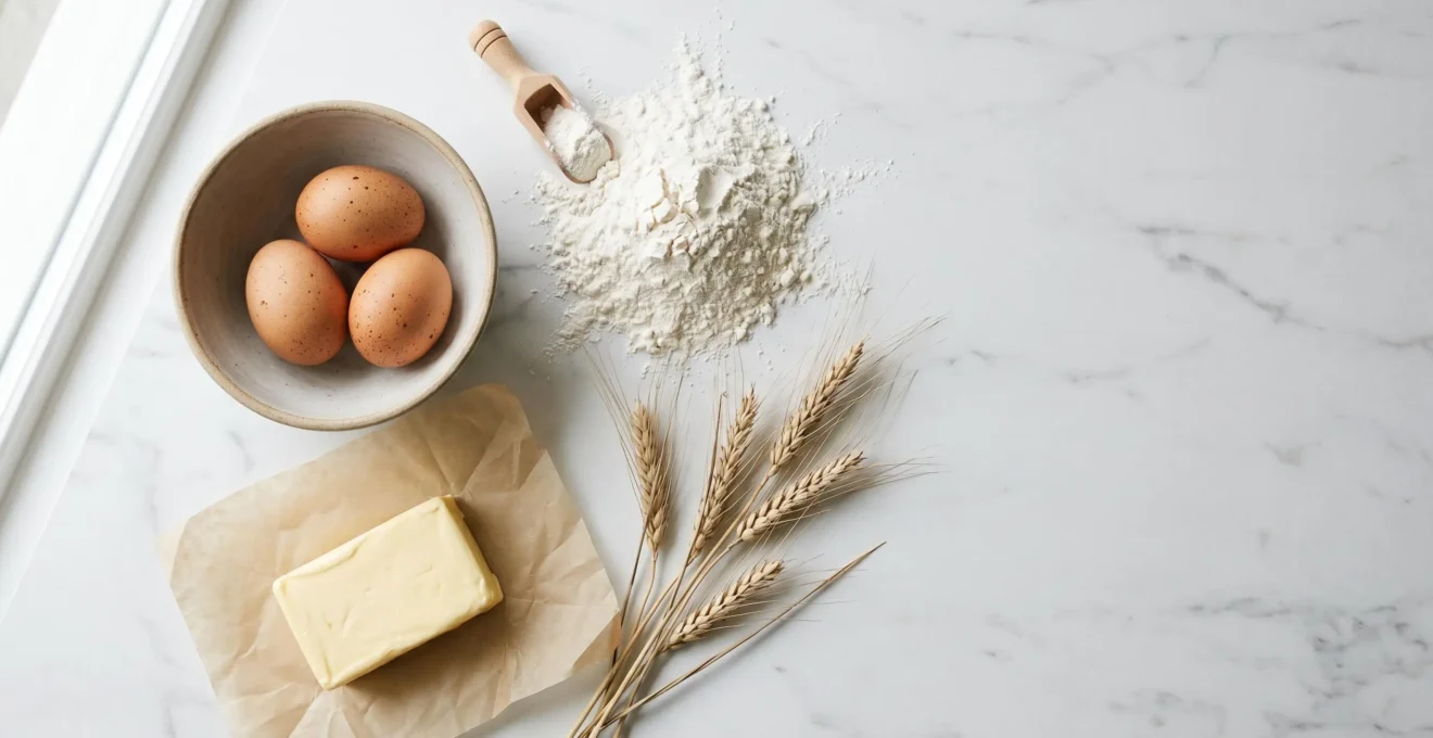 Composition culinaire professionnelle d'ingrédients de pâtisserie de qualité sur une surface épurée