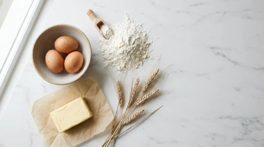 Composition culinaire professionnelle d'ingrédients de pâtisserie de qualité sur une surface épurée