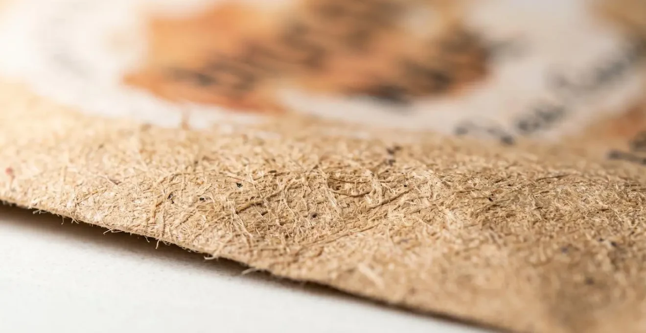 Gros plan détaillé sur la texture naturelle des fibres d'un papier kraft brun avec un arrière-plan flouté